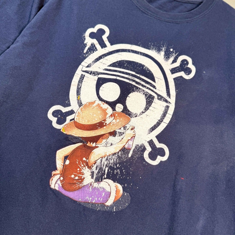 One Piece Luffy Graffiti Jolly Roger Navy Blue Graphic T-Shirt Mens Large L